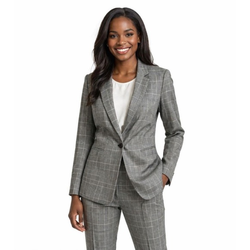 H&M Grey Glen Plaid Single Button Blazer Jacket 10 Office Workwear Preppy 72-06‎